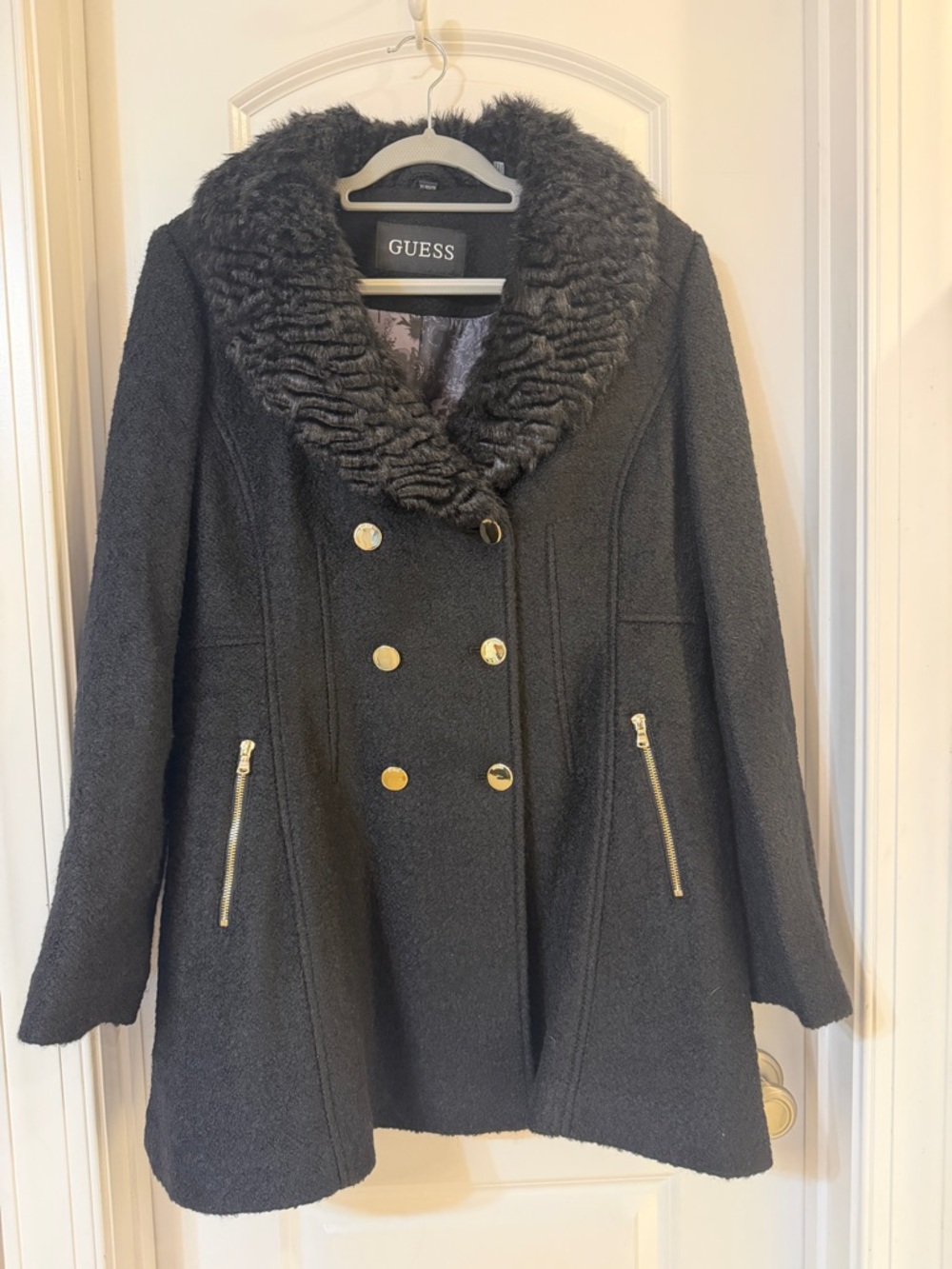 GUESS Black Double-Breasted Peacoat with Faux Fur Collar